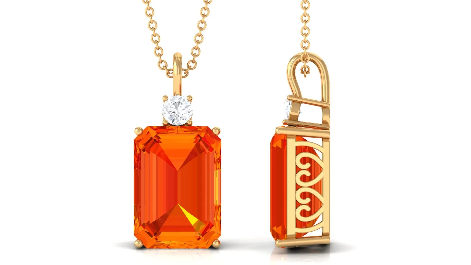 Solitaire Created Orange Sapphire and Moissanite Pendant