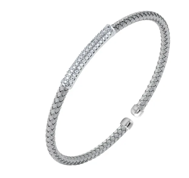 Sterling Silver 4mm Mesh Cuff with CZ Bar Bracelet (SI5280)