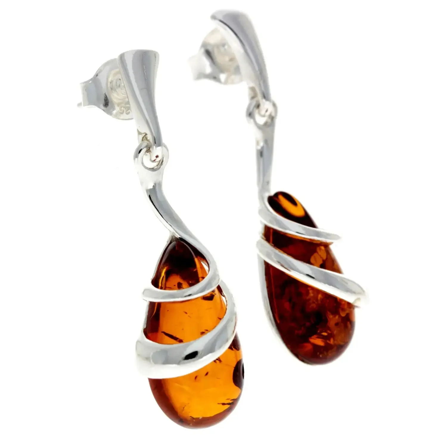 Sterling Silver & Baltic Amber Drop Modern Earrings - cognac
