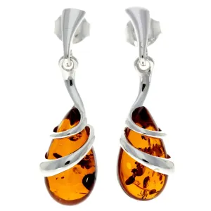 Sterling Silver & Baltic Amber Drop Modern Earrings - cognac