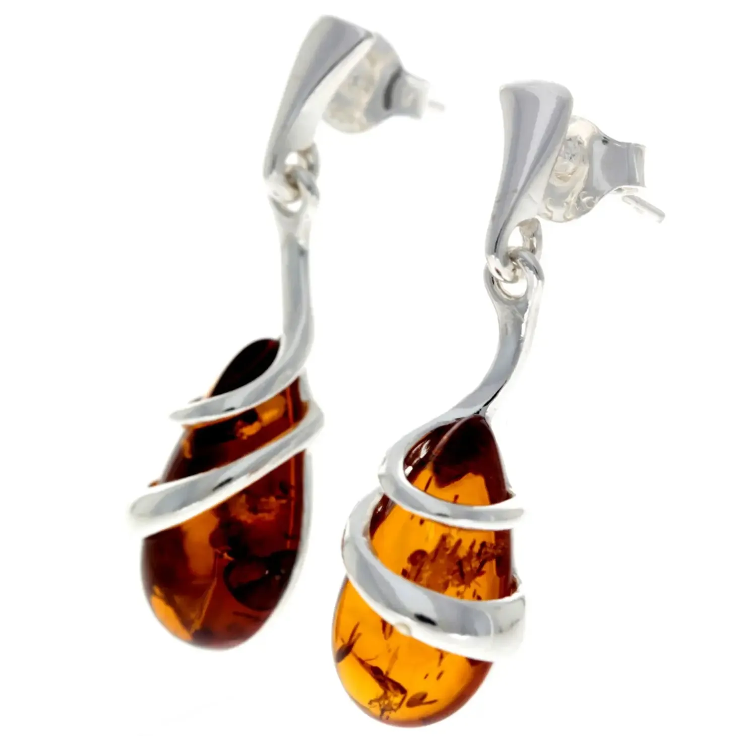 Sterling Silver & Baltic Amber Drop Modern Earrings - cognac