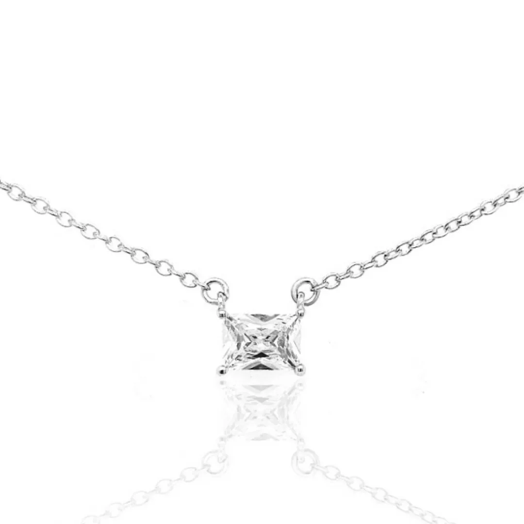 Sterling Silver Emerald Shape CZ Solitaire Necklace