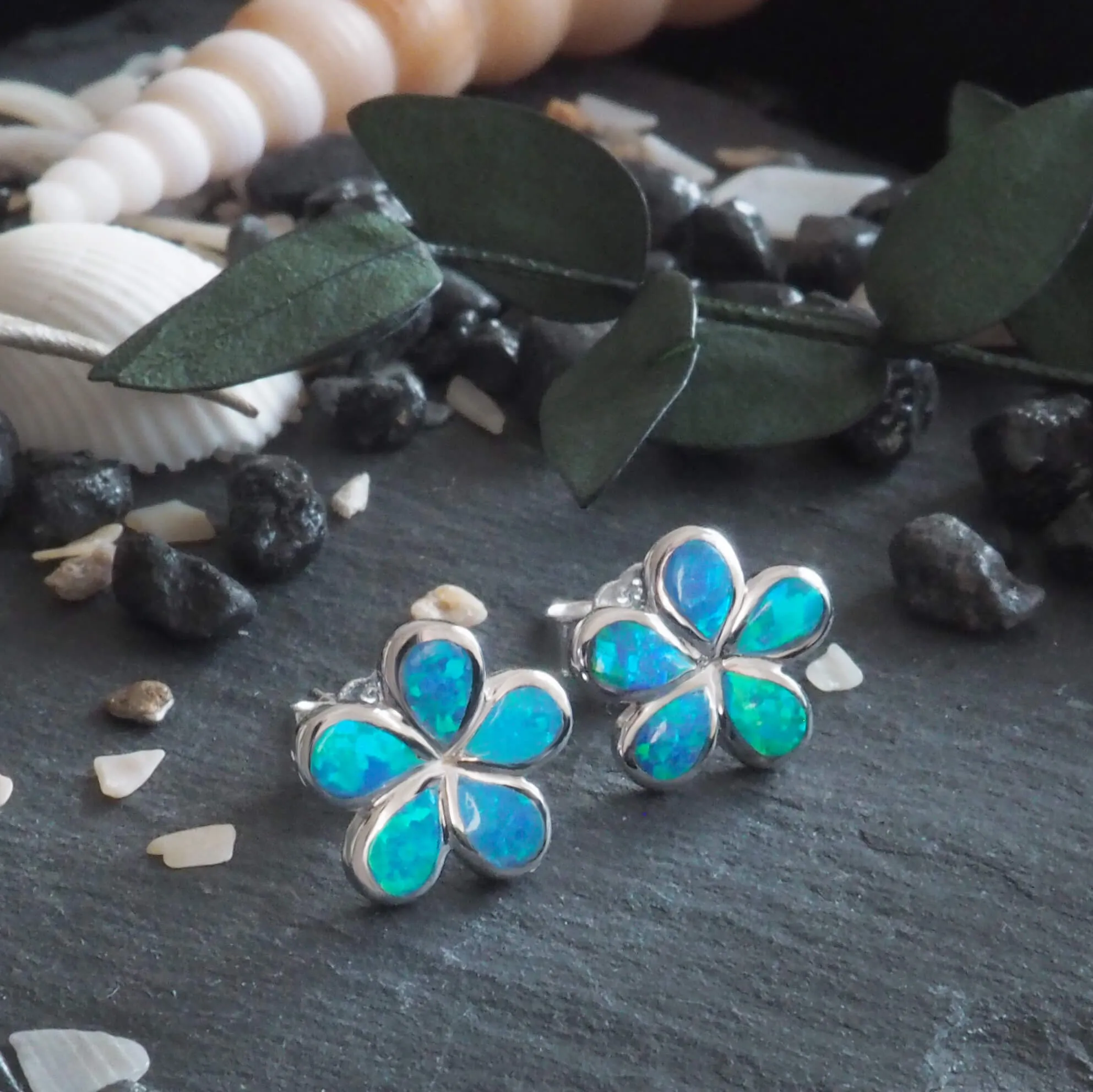 Sterling Silver Synthetic Blue Opal 10mm Plumeria Stud Earrings