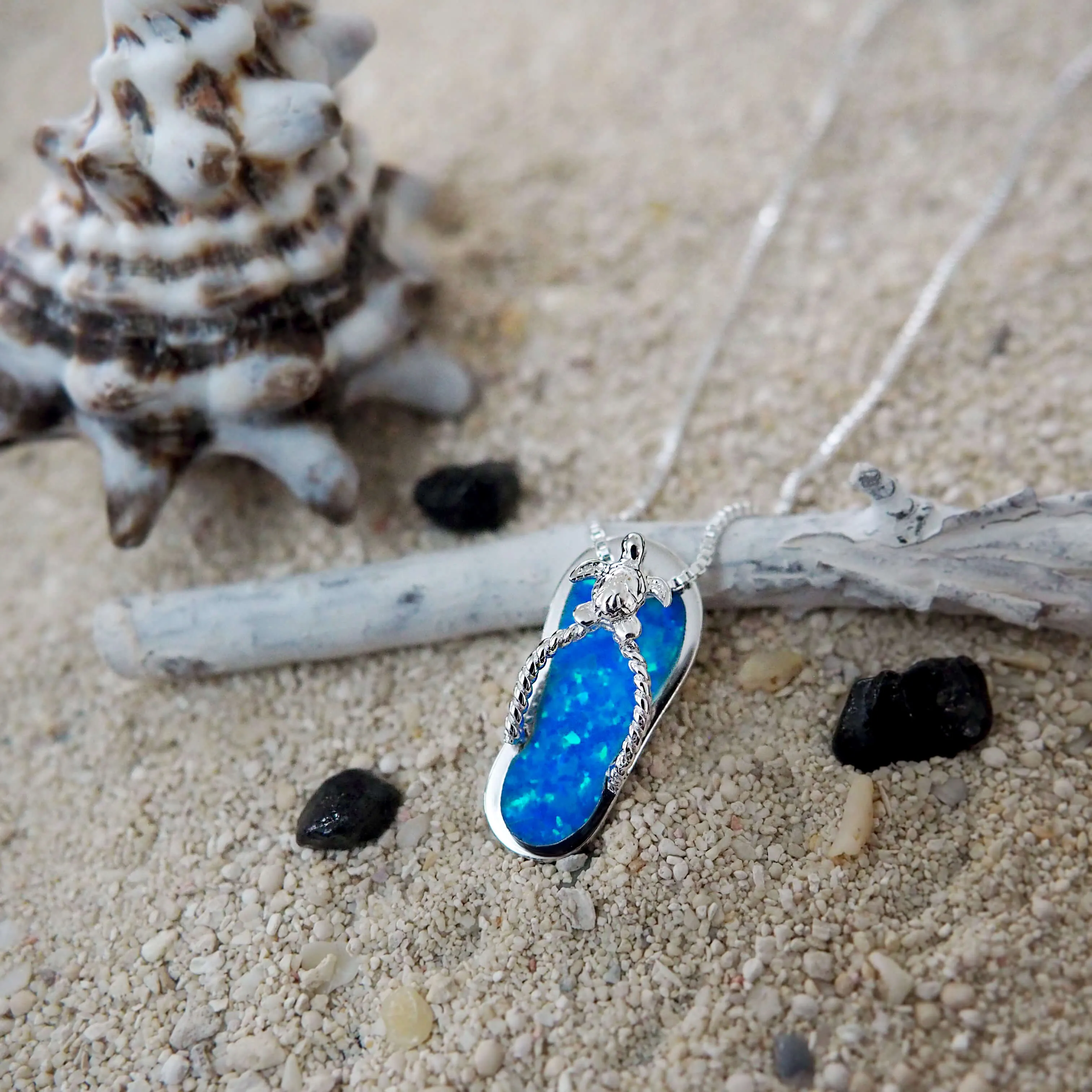 Sterling Silver Synthetic Blue Opal Flip Flop Pendant Necklace, 18"