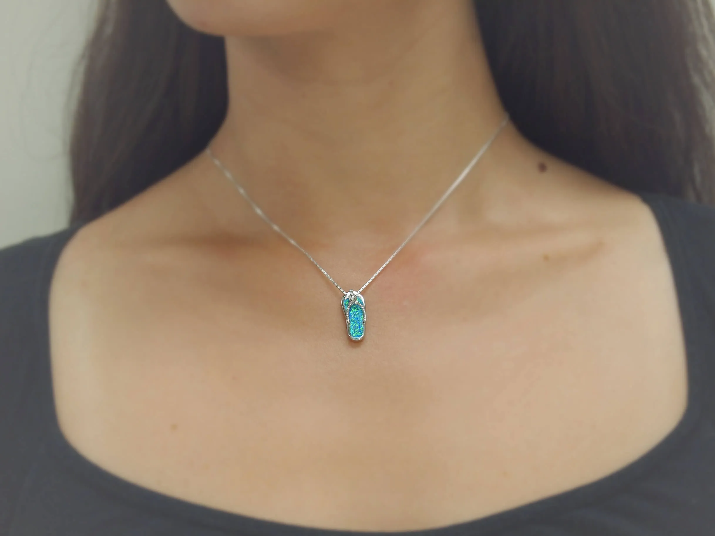 Sterling Silver Synthetic Blue Opal Flip Flop Pendant Necklace, 18"