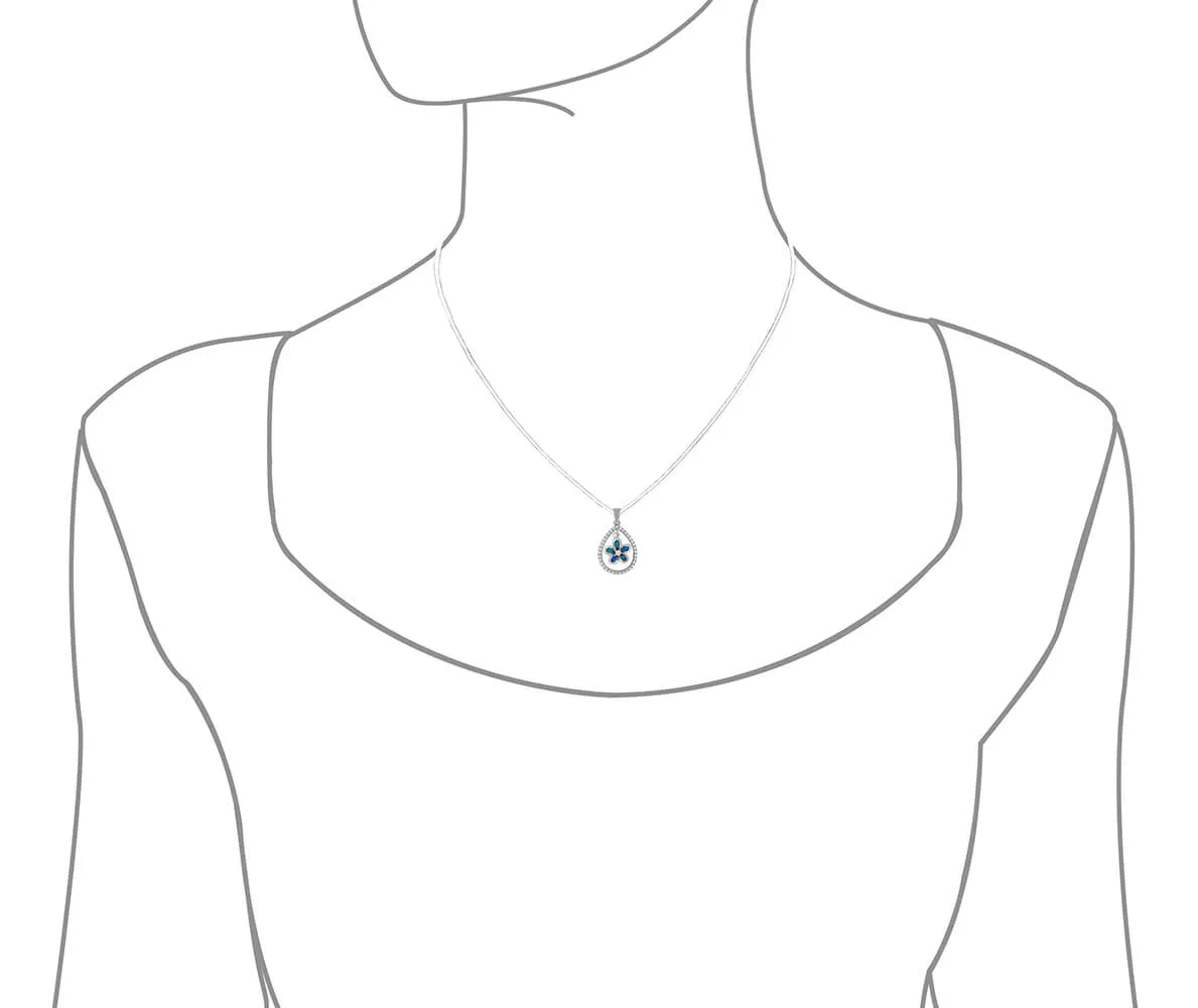 Sterling Silver Synthetic Blue Opal Teardrop Plumeria Pendant Necklace, 16 2" Extender