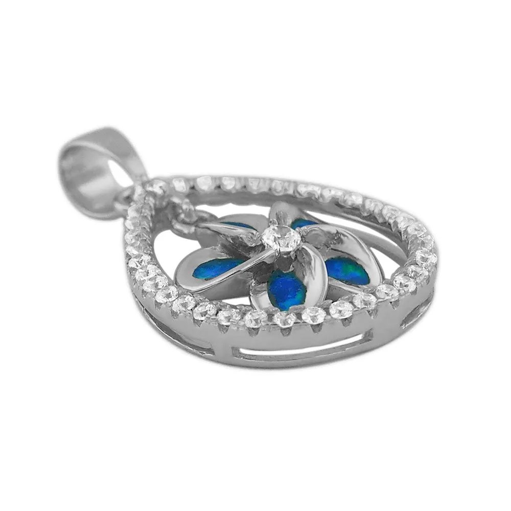 Sterling Silver Synthetic Blue Opal Teardrop Plumeria Pendant Necklace, 16 2" Extender