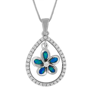 Sterling Silver Synthetic Blue Opal Teardrop Plumeria Pendant Necklace, 16 2" Extender