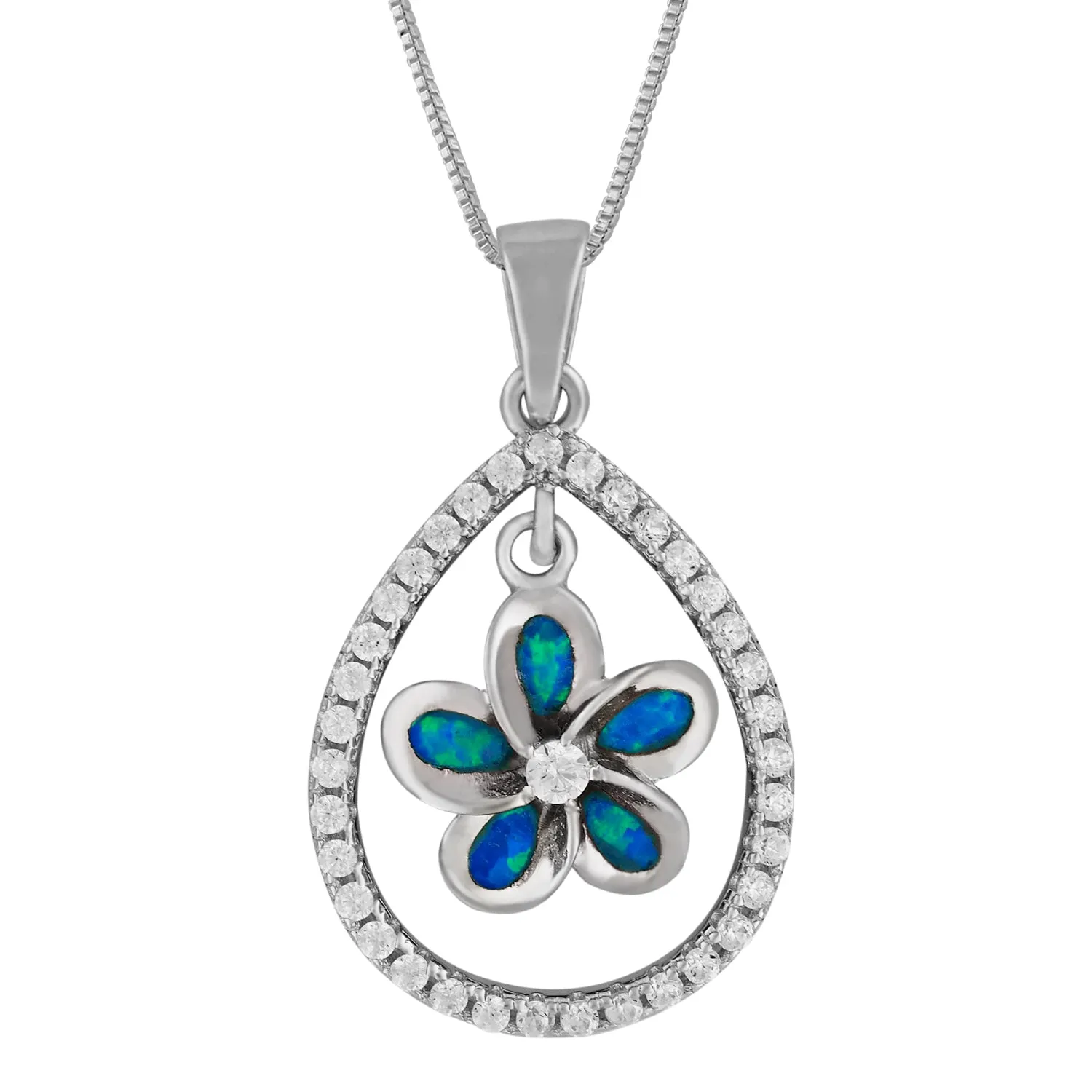 Sterling Silver Synthetic Blue Opal Teardrop Plumeria Pendant Necklace, 16 2" Extender