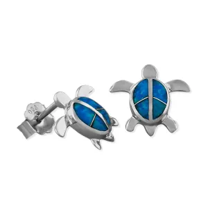 Sterling Silver Synthetic Blue Opal Turtle Stud Earrings