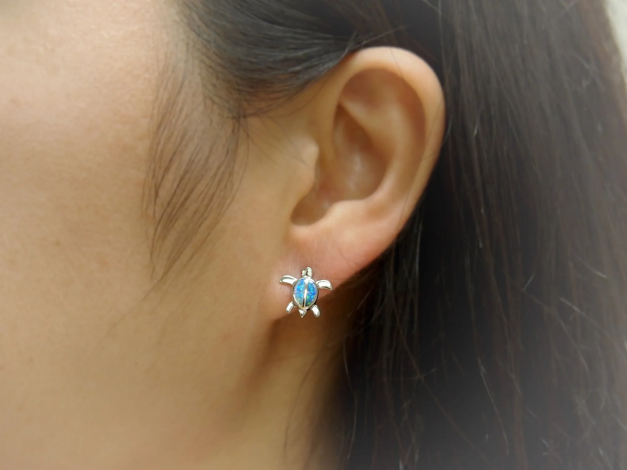 Sterling Silver Synthetic Blue Opal Turtle Stud Earrings