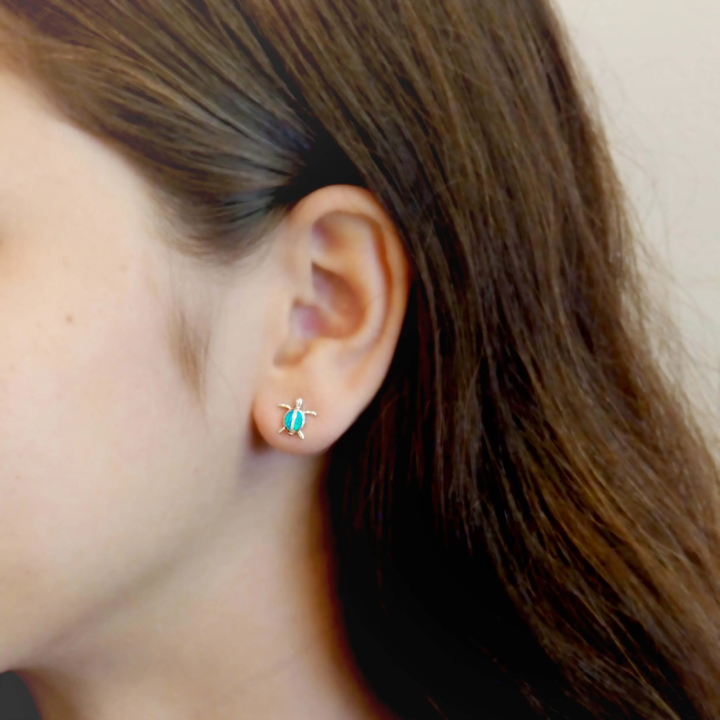 Sterling Silver Synthetic Opal Turtle Stud Earrings Mini XS 9mm