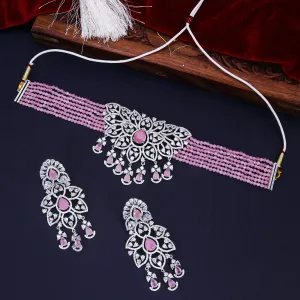 Sukkhi Fascinating Pinkish CZ Rhodium Plated Necklace Set for Women