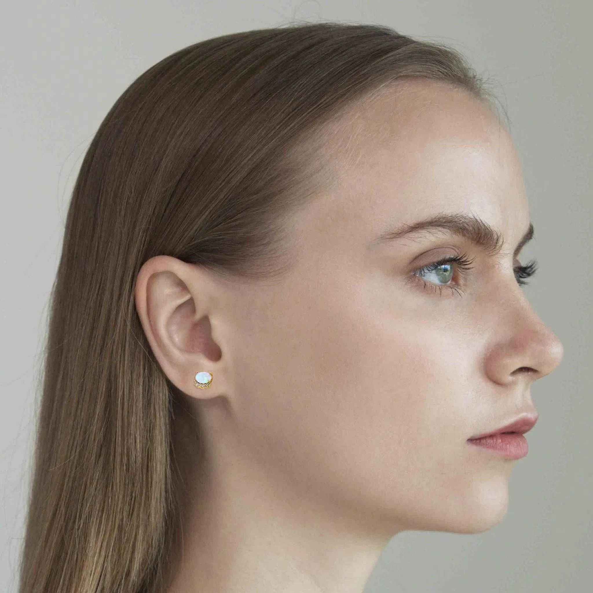 TAI Oval Shaped Opal Stud with Pave Cz