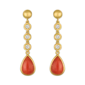 Three Diamond and Antique Coral Chime Earrings