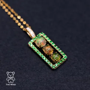 Three Stone Mexican Fire Opal Tsavorite Diamond Necklace Pendant 18K Yellow Gold