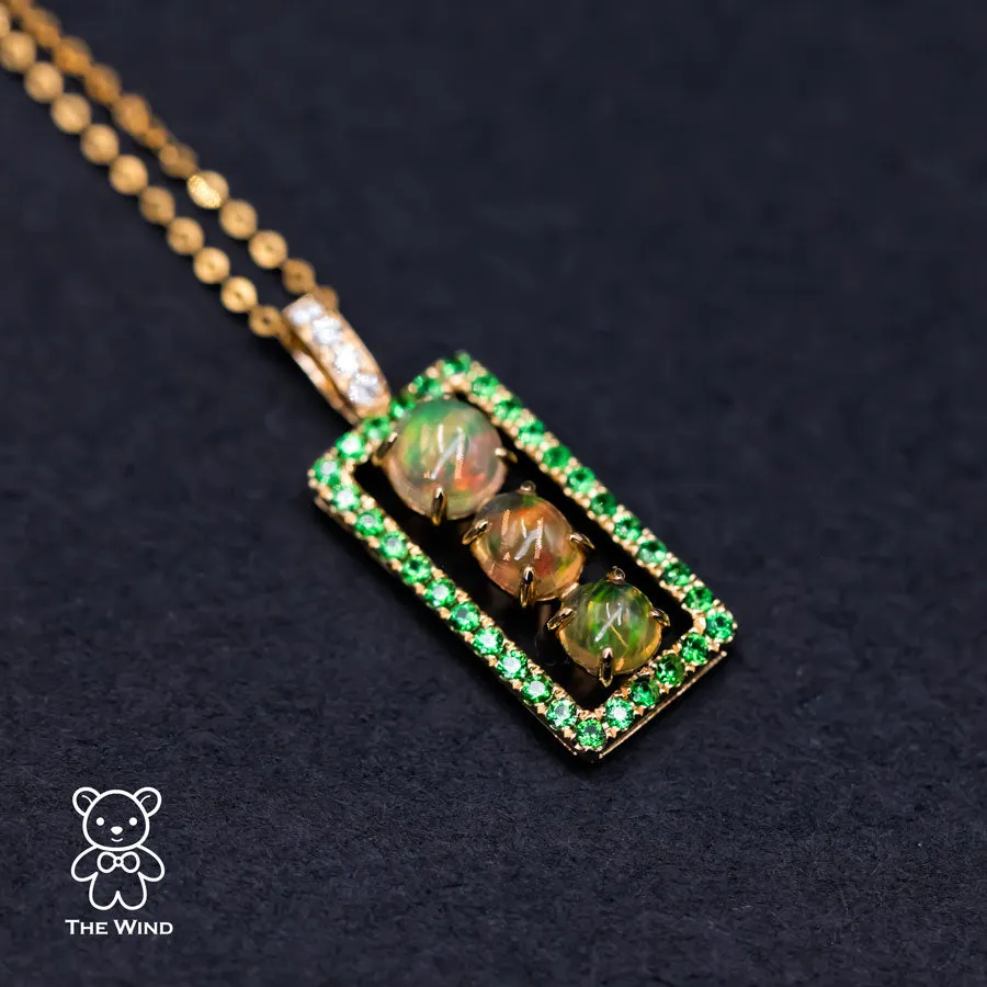 Three Stone Mexican Fire Opal Tsavorite Diamond Necklace Pendant 18K Yellow Gold