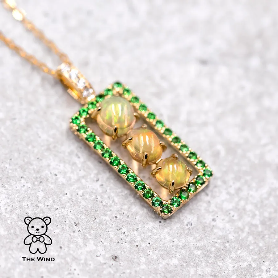 Three Stone Mexican Fire Opal Tsavorite Diamond Necklace Pendant 18K Yellow Gold