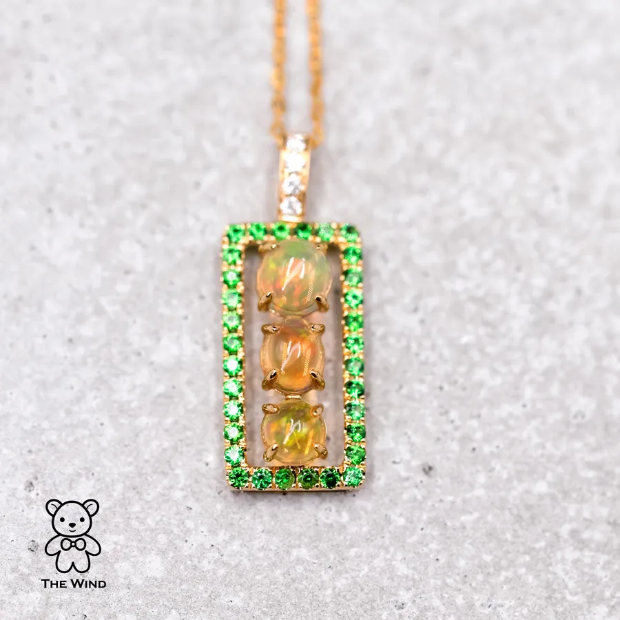 Three Stone Mexican Fire Opal Tsavorite Diamond Necklace Pendant 18K Yellow Gold