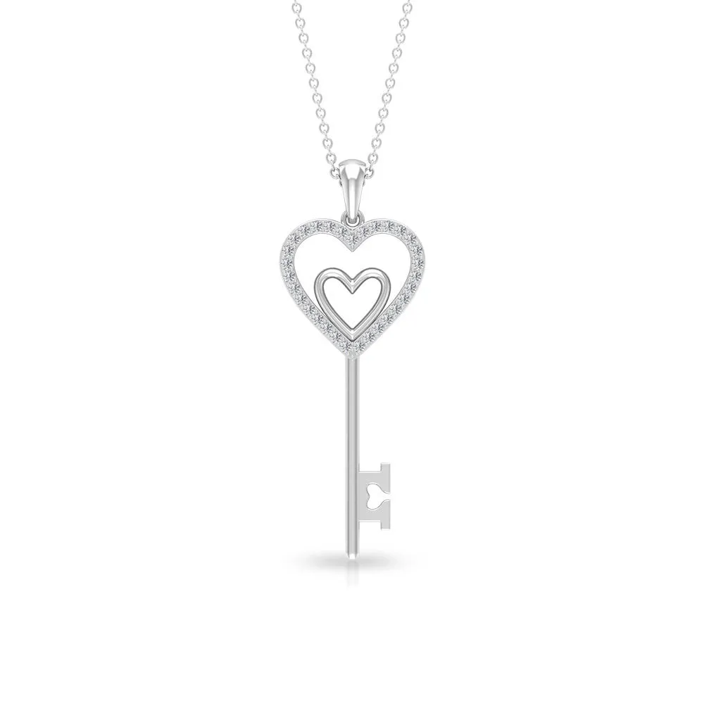 Twin Heart Key Pendant Necklace with Cubic Zirconia