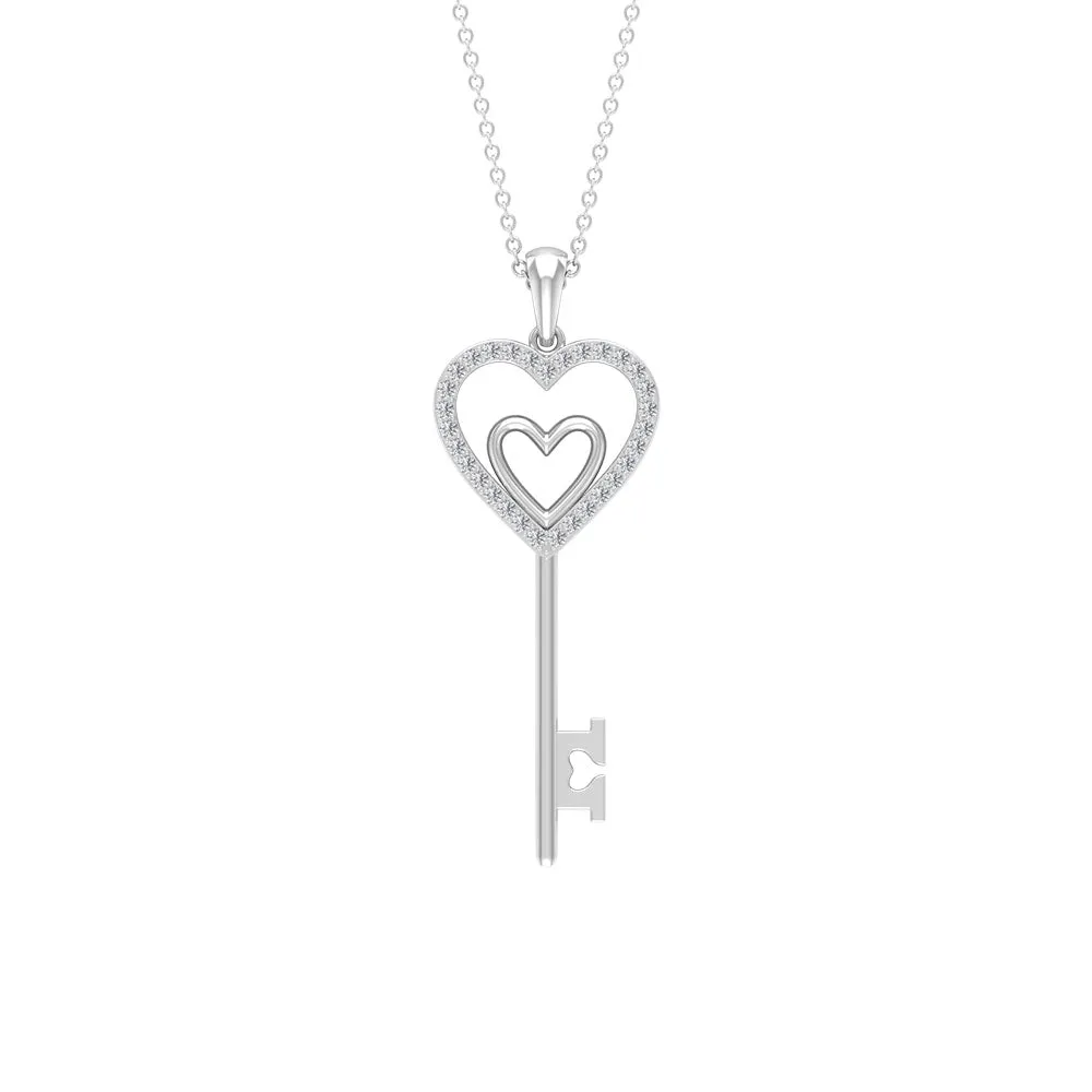 Twin Heart Key Pendant Necklace with Cubic Zirconia