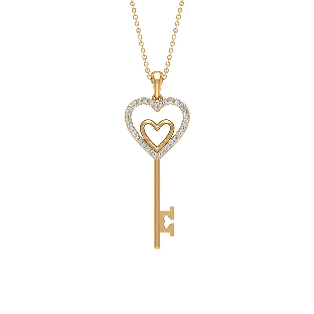 Twin Heart Key Pendant Necklace with Cubic Zirconia