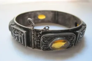 Vintage Algerian Silver and Yellow Glass Bracelet from French Colonial Times