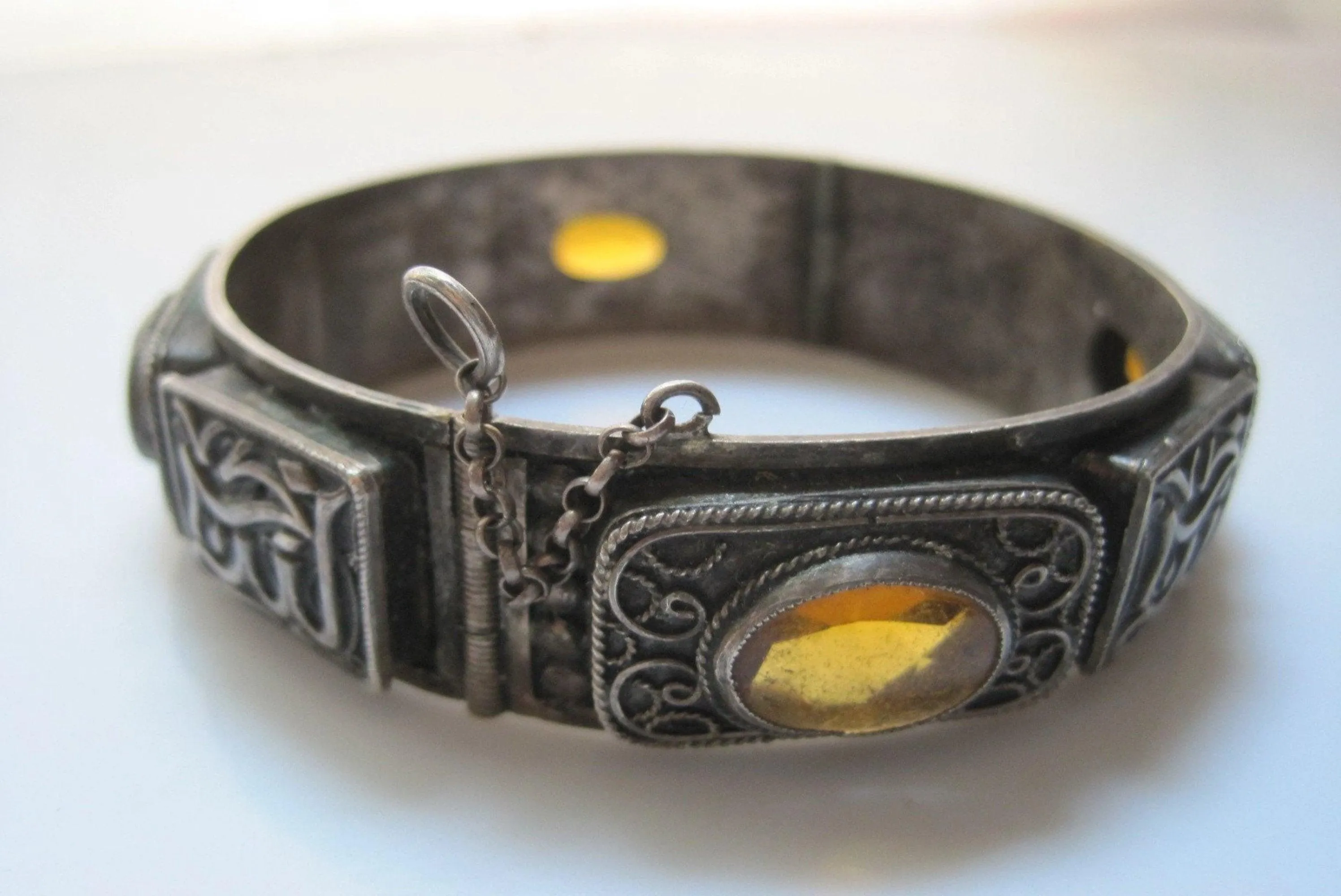 Vintage Algerian Silver and Yellow Glass Bracelet from French Colonial Times