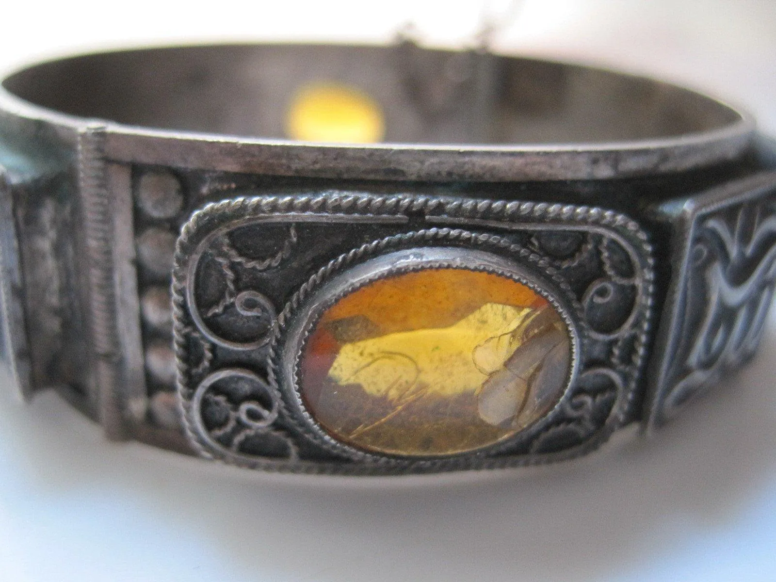 Vintage Algerian Silver and Yellow Glass Bracelet from French Colonial Times
