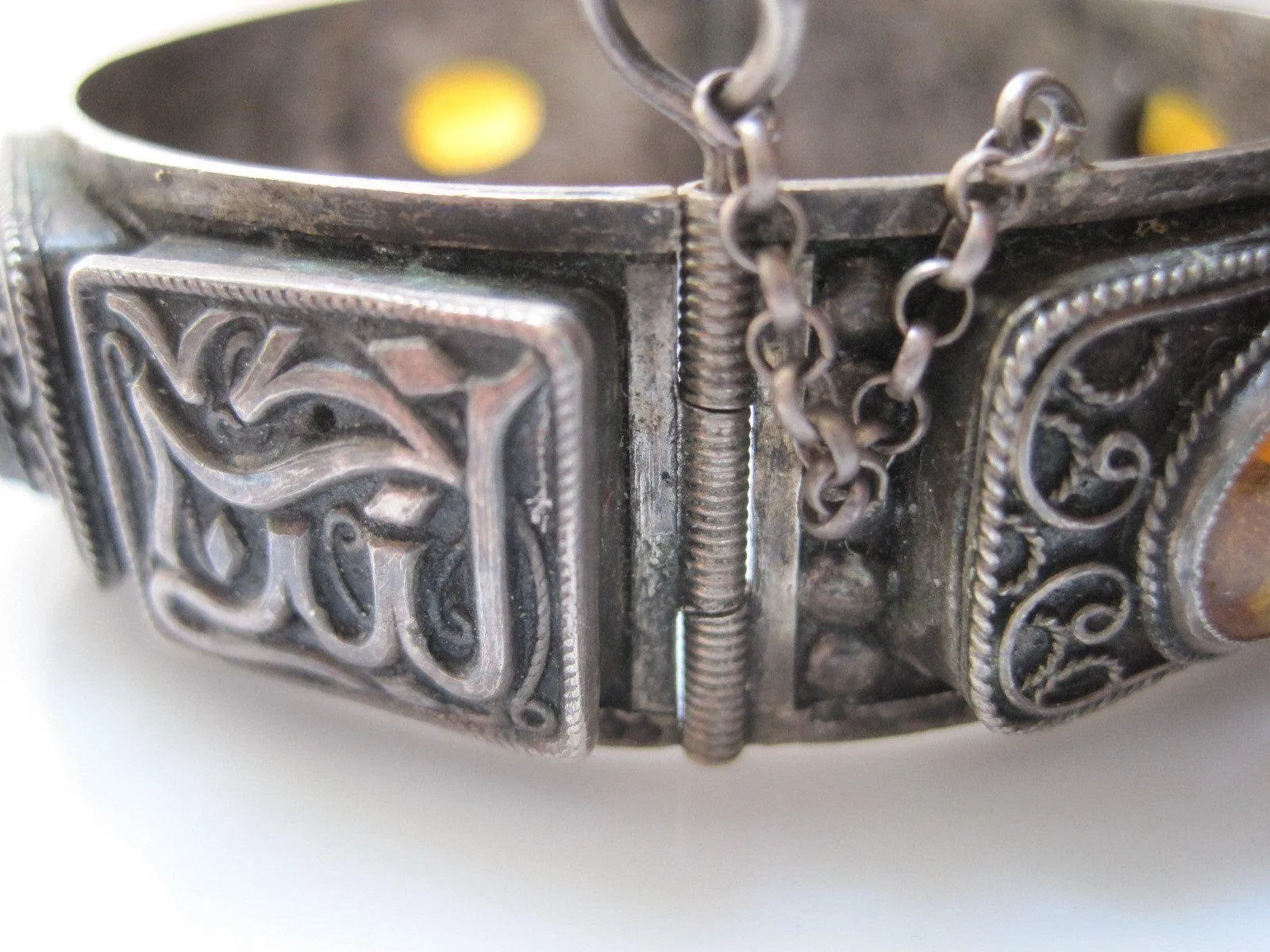 Vintage Algerian Silver and Yellow Glass Bracelet from French Colonial Times