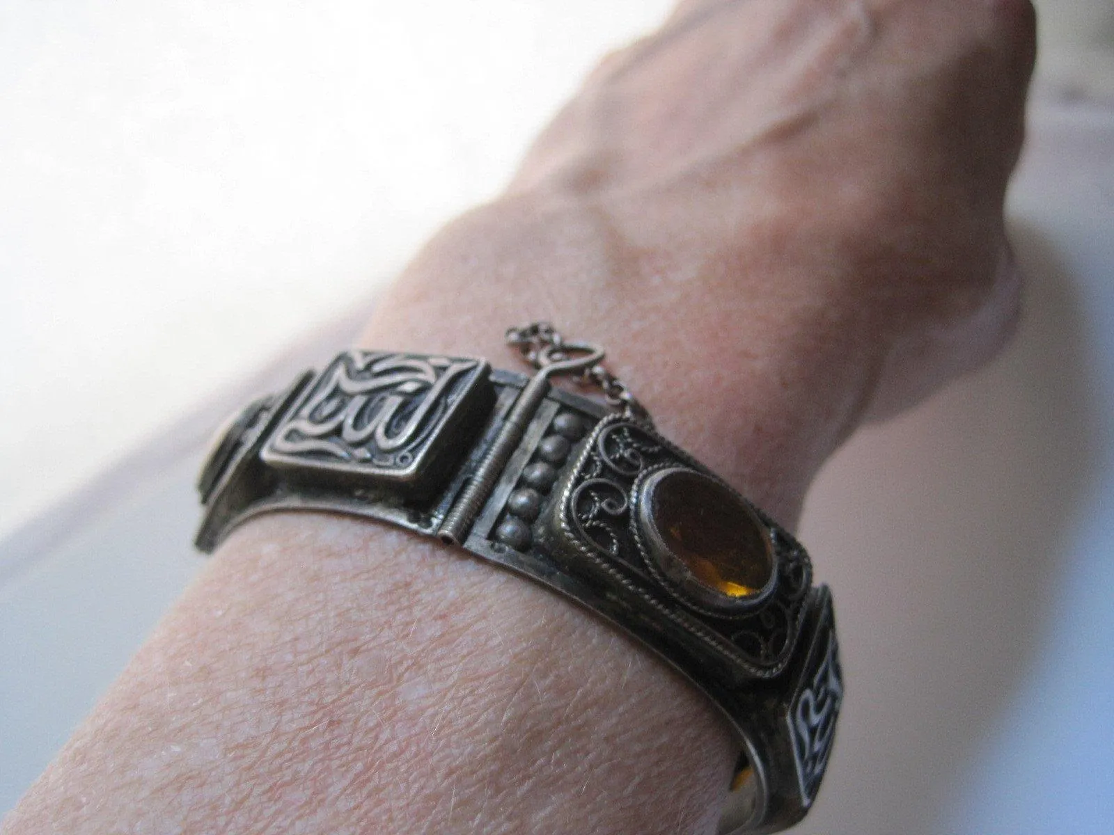 Vintage Algerian Silver and Yellow Glass Bracelet from French Colonial Times