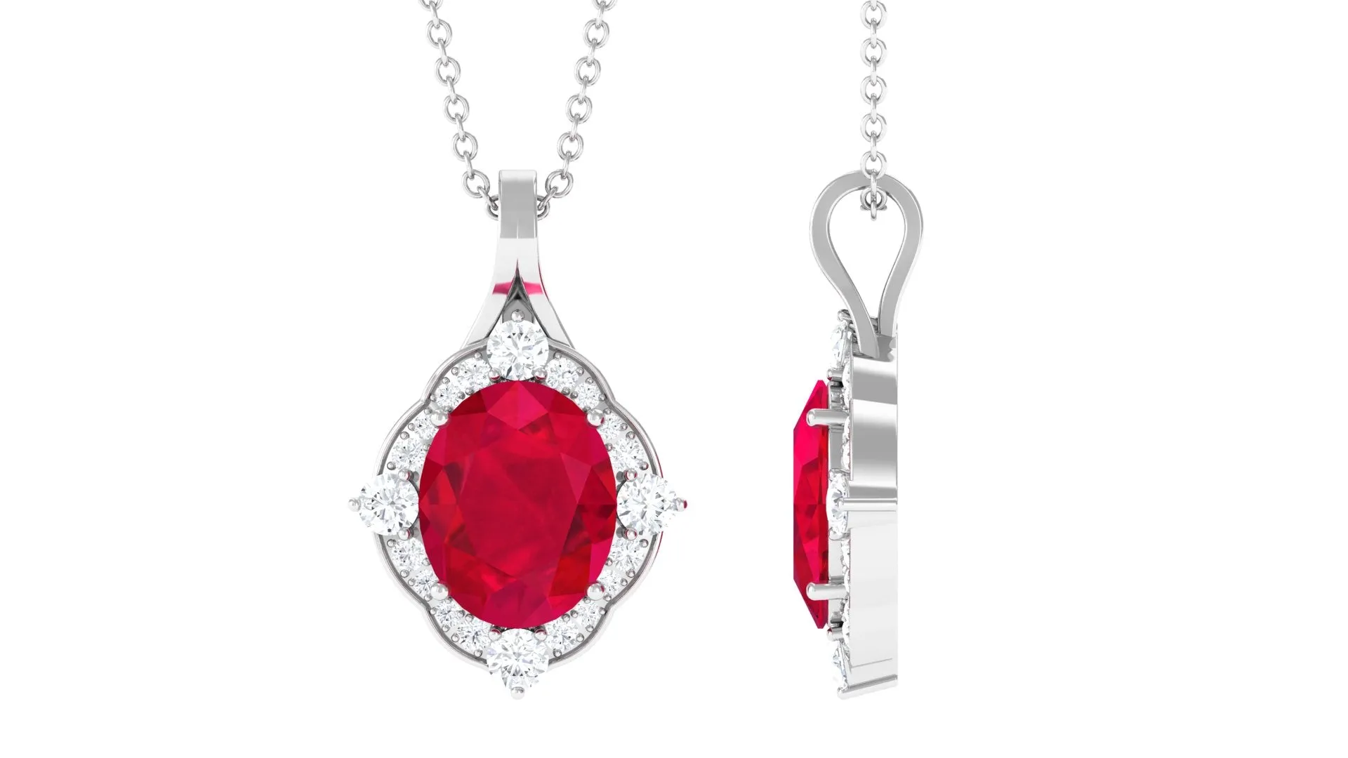 Vintage Inspired Oval Created Ruby and Diamond Halo Pendant