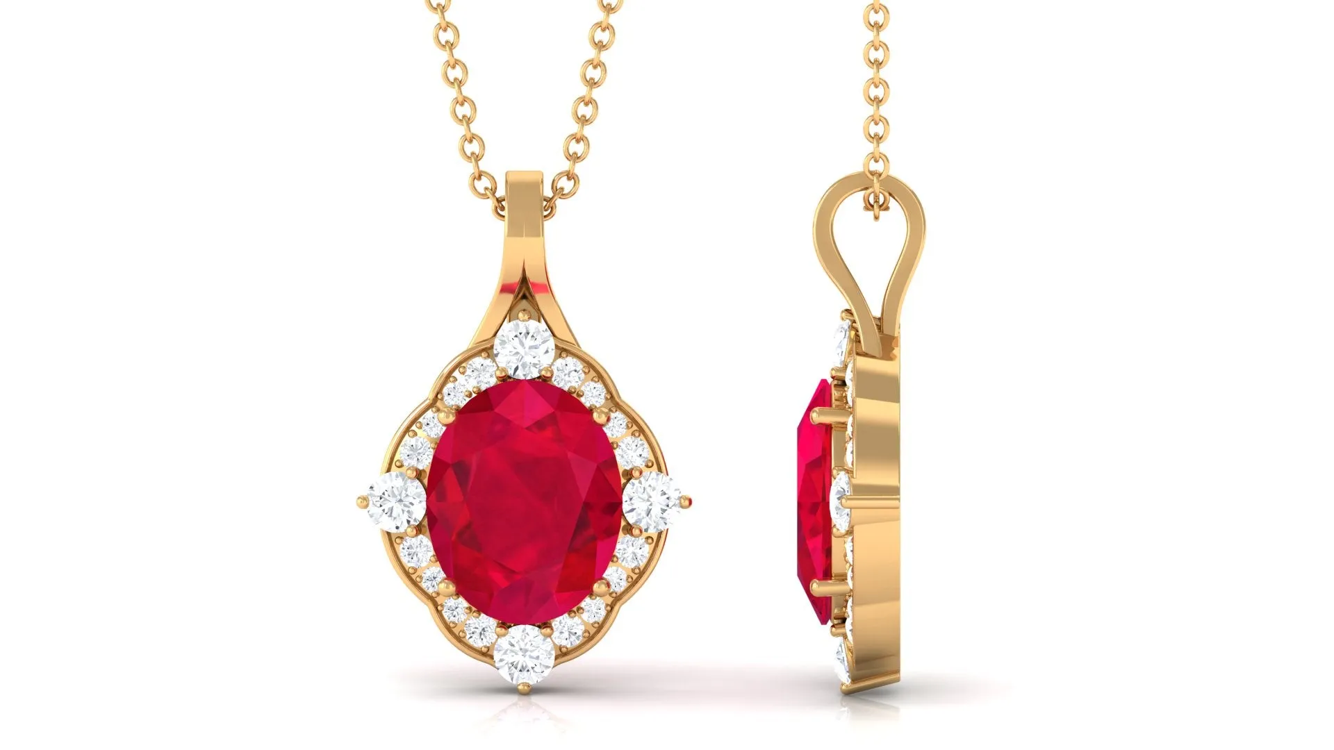 Vintage Inspired Oval Created Ruby and Diamond Halo Pendant