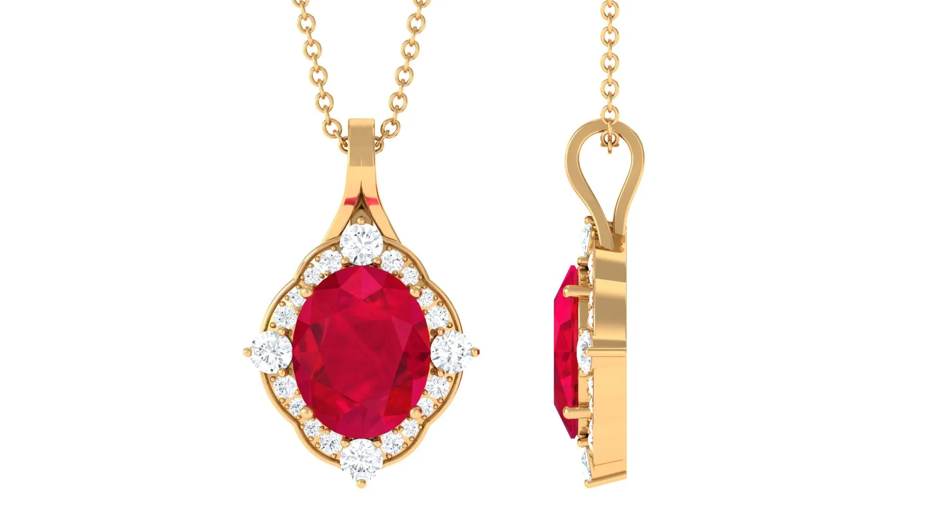 Vintage Inspired Oval Created Ruby and Diamond Halo Pendant