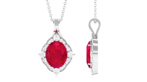 Vintage Inspired Oval Created Ruby and Diamond Halo Pendant