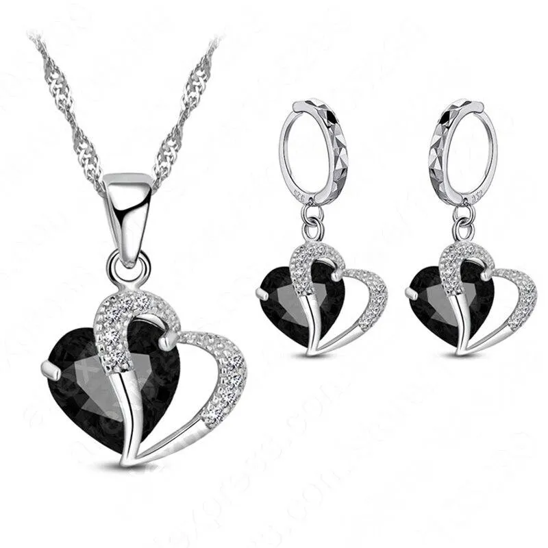 Women Heart Design Sterling Silver Cubic Zircon Necklace Pendant Earrings Sets