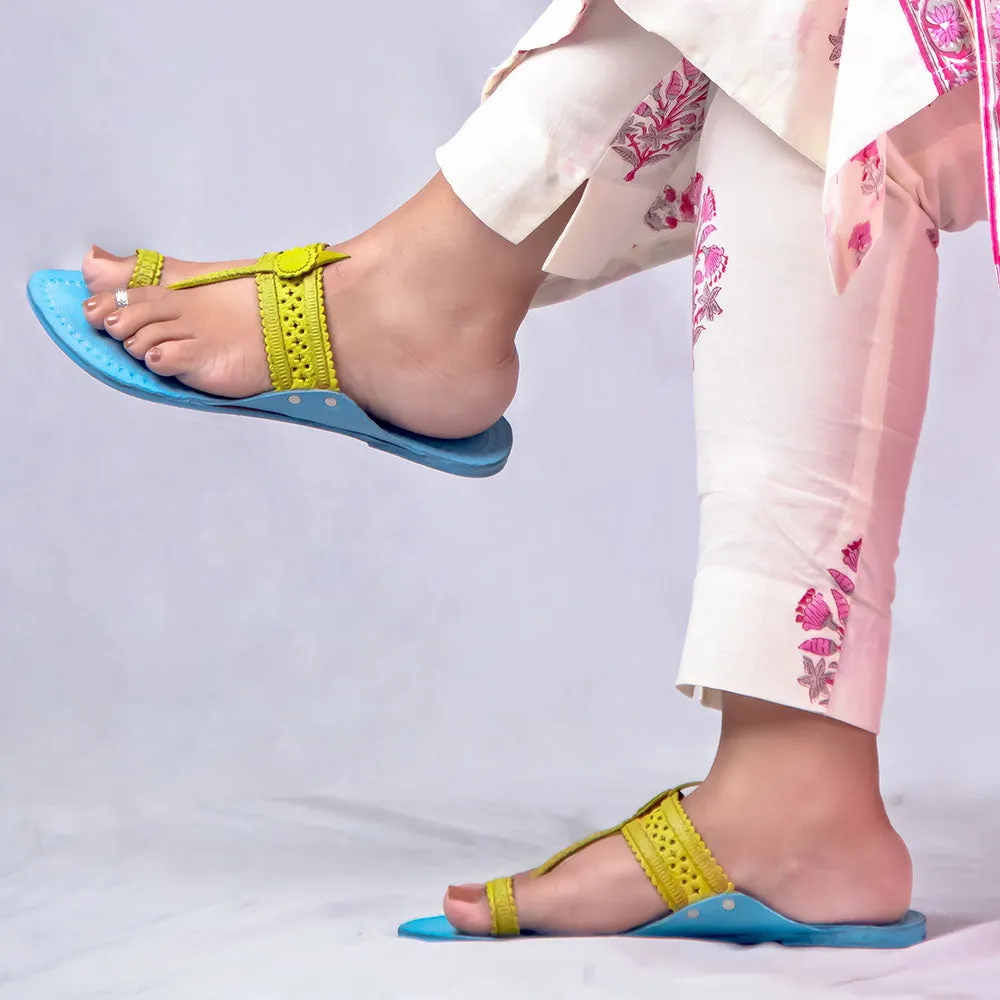 Women's Genuine Leather Kolhapuri Chappal - Artistic Punches & Flower