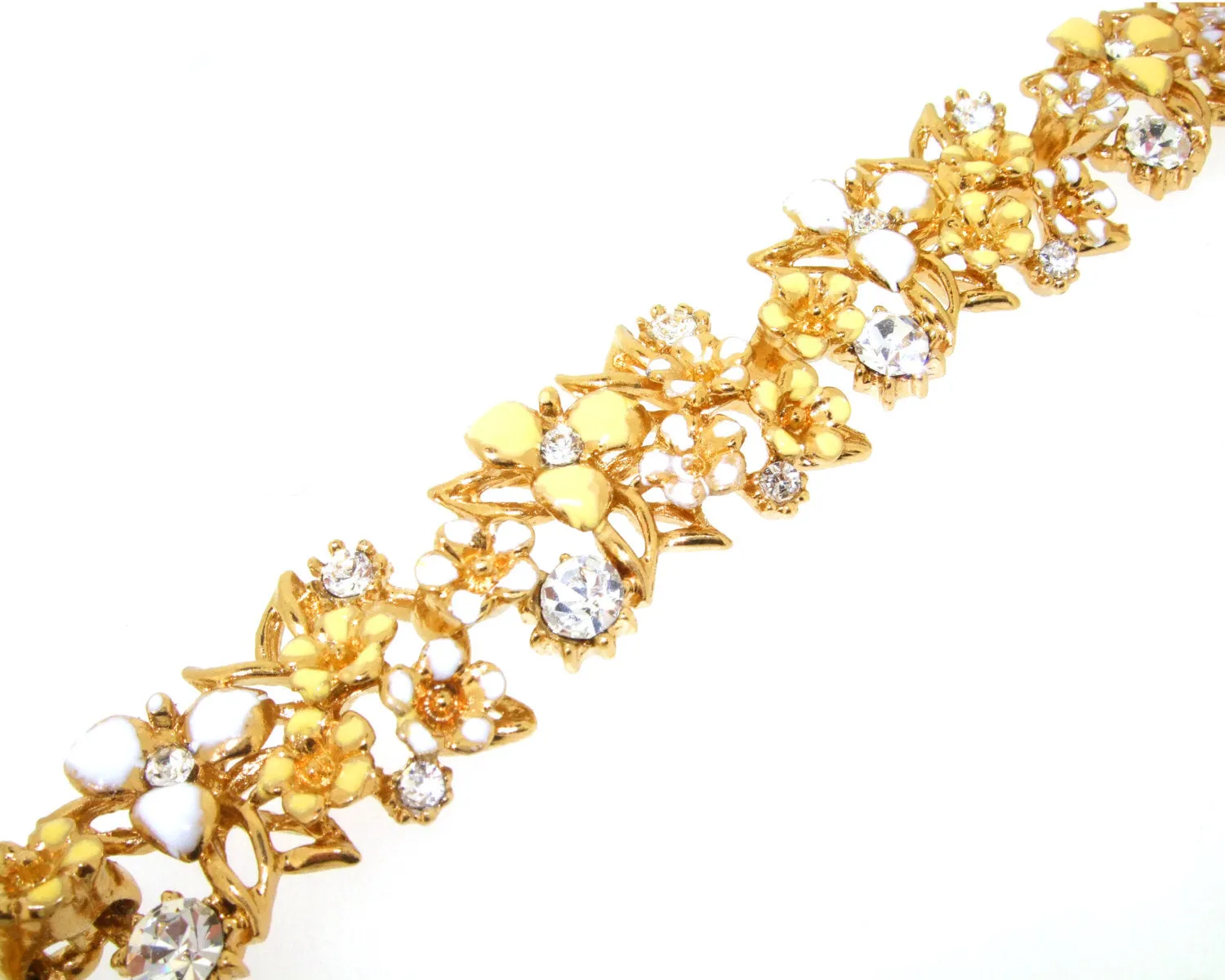 Yellow Bracelet Floral White Enamel Gold Vintage Style