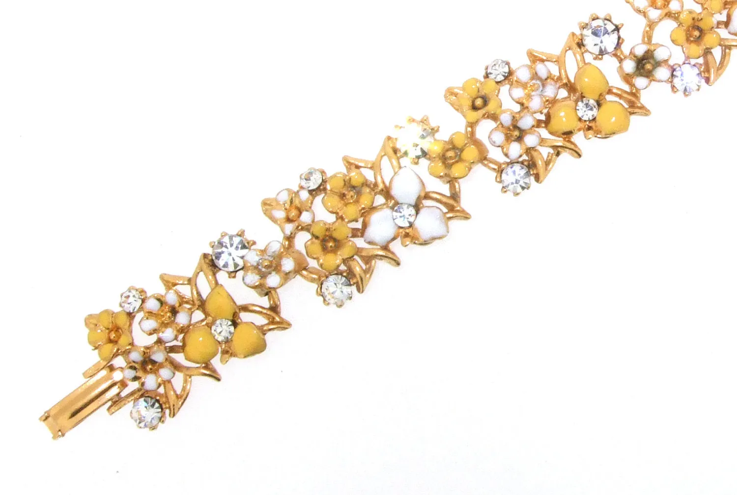 Yellow Bracelet Floral White Enamel Gold Vintage Style