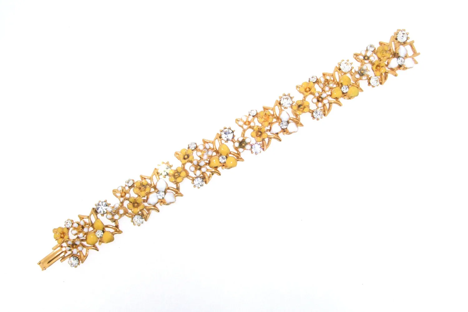 Yellow Bracelet Floral White Enamel Gold Vintage Style