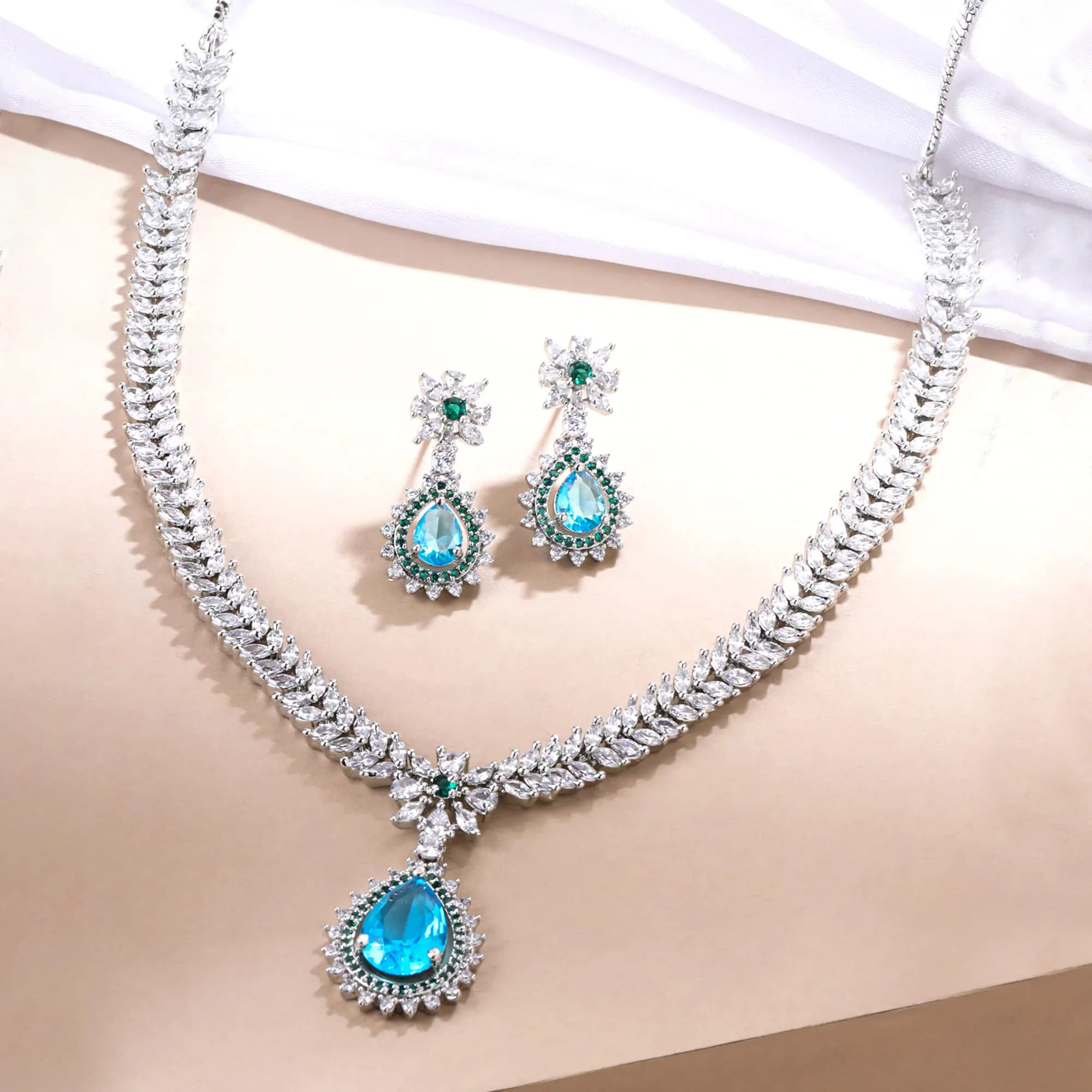 Yellow Chimes Jewellery Set for Women and Girls American Diamond Jewellery Set |Silver Tone Blue Crystal Drop AD Long Necklace Set | Birthday Gift for girls and women Anniversary Gift for Wife