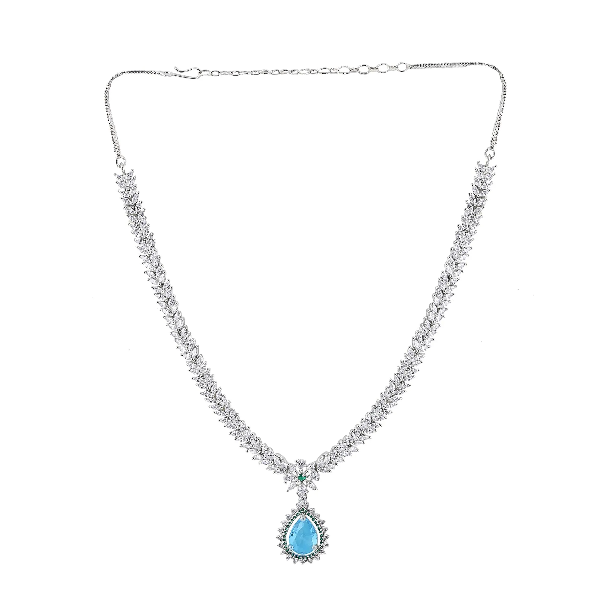 Yellow Chimes Jewellery Set for Women and Girls American Diamond Jewellery Set |Silver Tone Blue Crystal Drop AD Long Necklace Set | Birthday Gift for girls and women Anniversary Gift for Wife