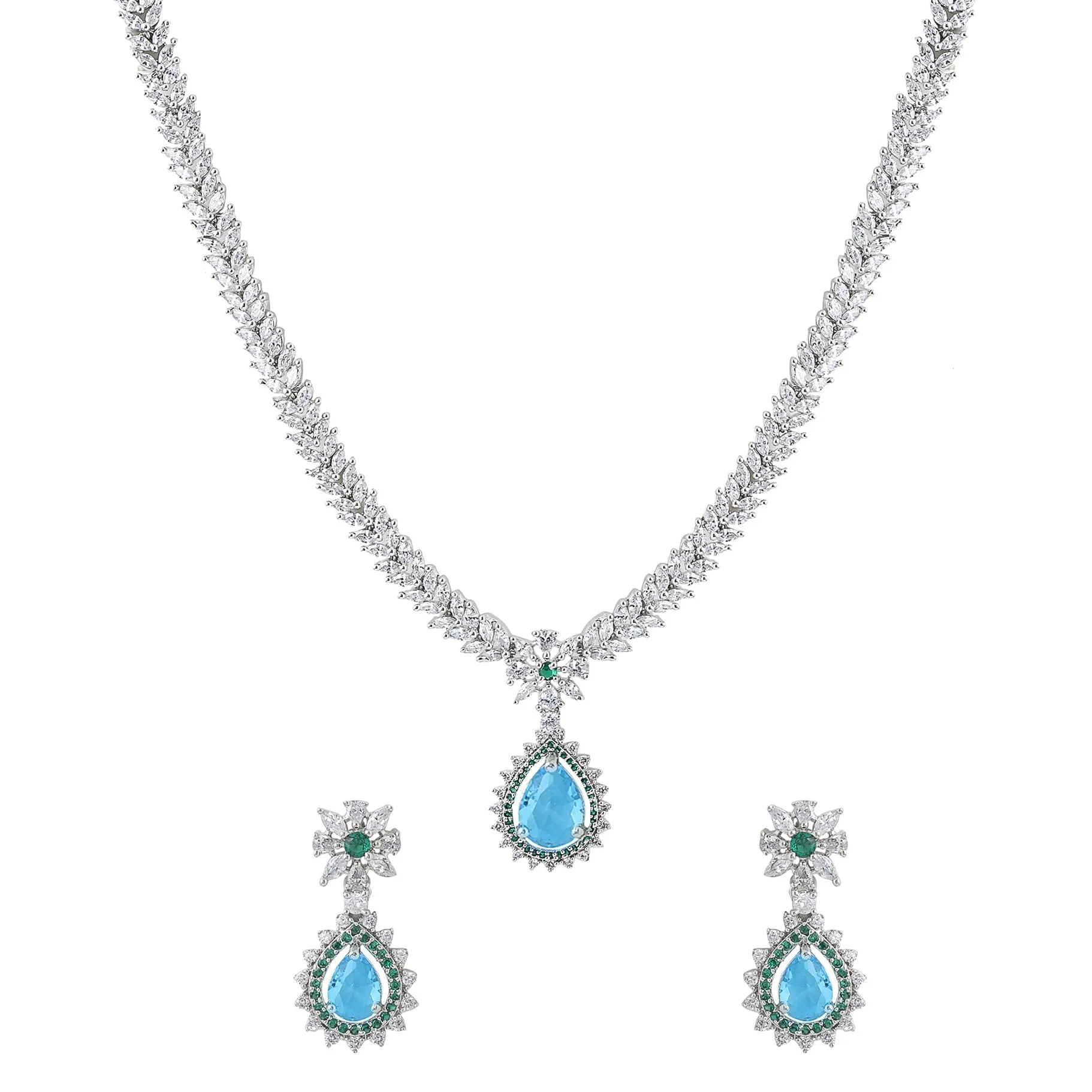 Yellow Chimes Jewellery Set for Women and Girls American Diamond Jewellery Set |Silver Tone Blue Crystal Drop AD Long Necklace Set | Birthday Gift for girls and women Anniversary Gift for Wife