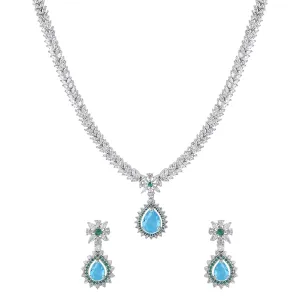 Yellow Chimes Jewellery Set for Women and Girls American Diamond Jewellery Set |Silver Tone Blue Crystal Drop AD Long Necklace Set | Birthday Gift for girls and women Anniversary Gift for Wife