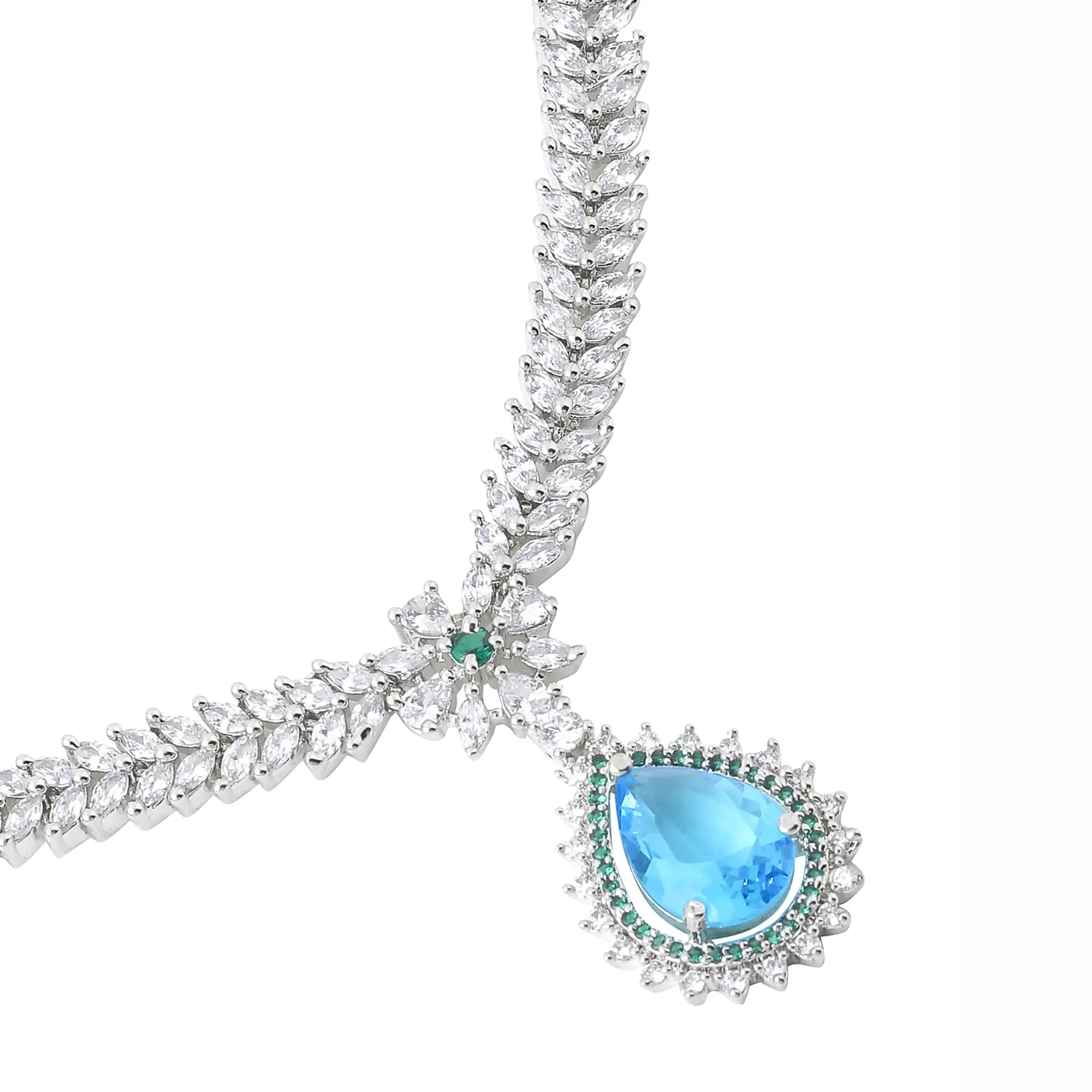 Yellow Chimes Jewellery Set for Women and Girls American Diamond Jewellery Set |Silver Tone Blue Crystal Drop AD Long Necklace Set | Birthday Gift for girls and women Anniversary Gift for Wife