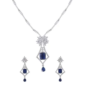 Yellow Chimes Jewellery Set for Women and Girls American Diamond Jewellery Set | Silver Tone Drop Designed Blue AD Necklace Set | Birthday Gift for girls and women Anniversary Gift for Wife